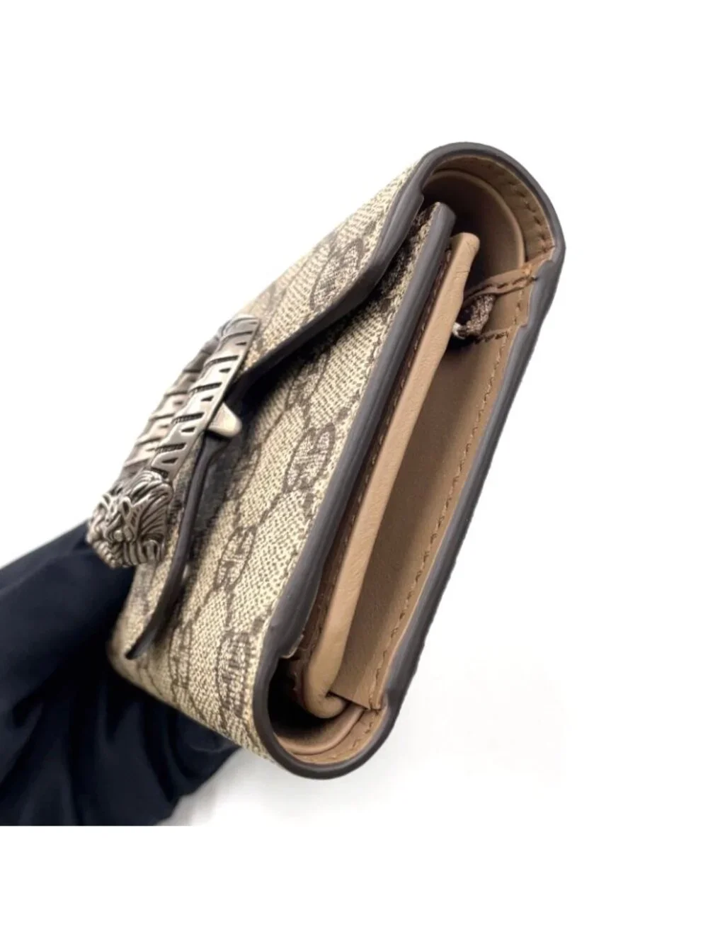 Gucci Dionysus GG Supreme Leather Beige Trifold Wallet Silver - Picture 11 of 15